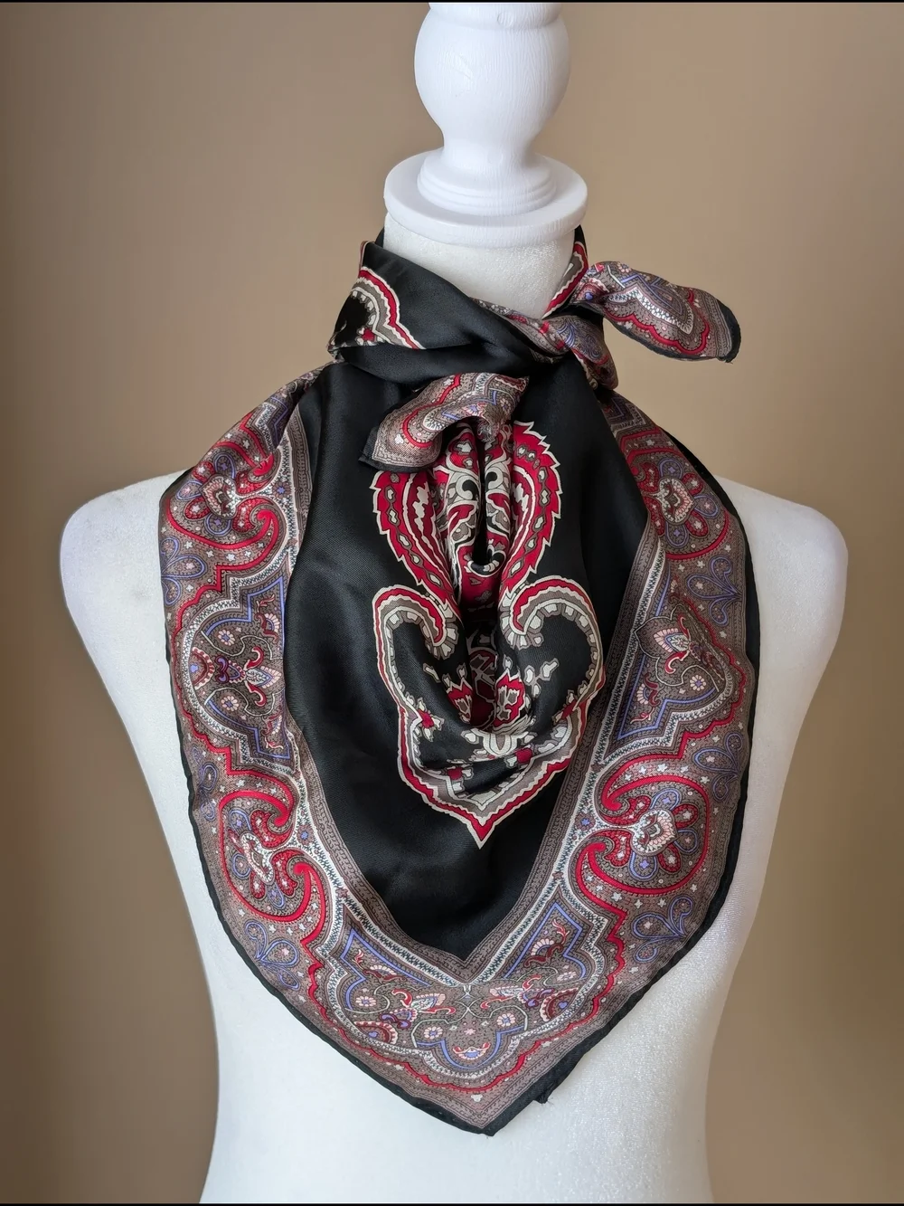 Van Horn Silk Scarf 31x30 Black Red Beige Floral
